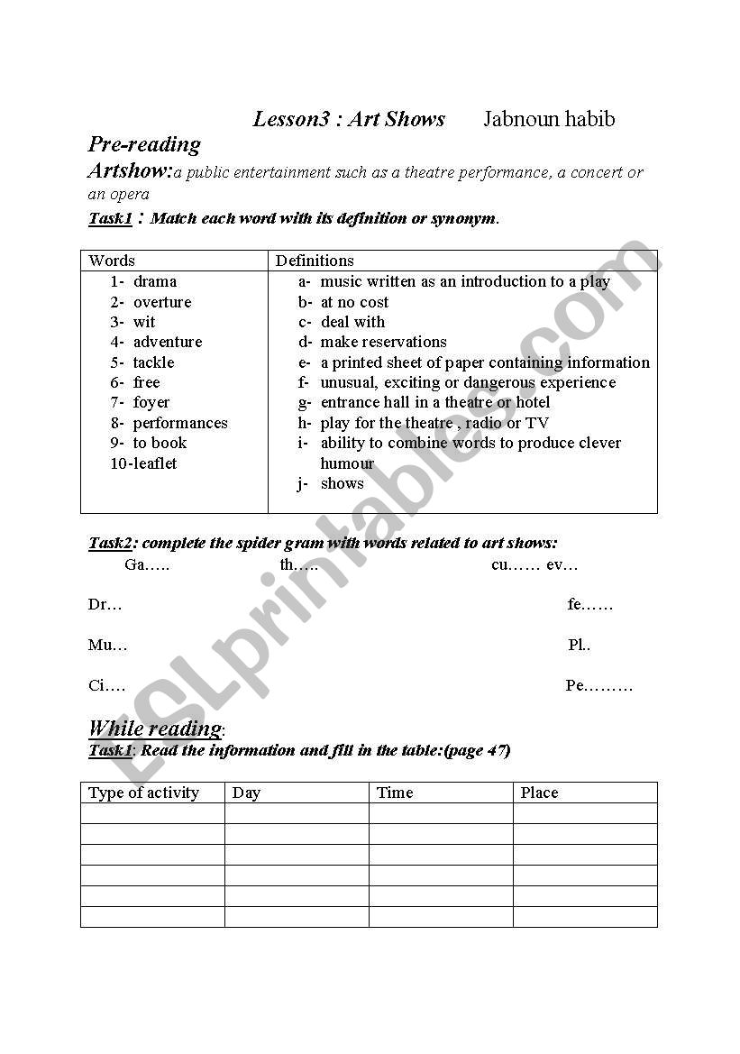 art shows worksheet