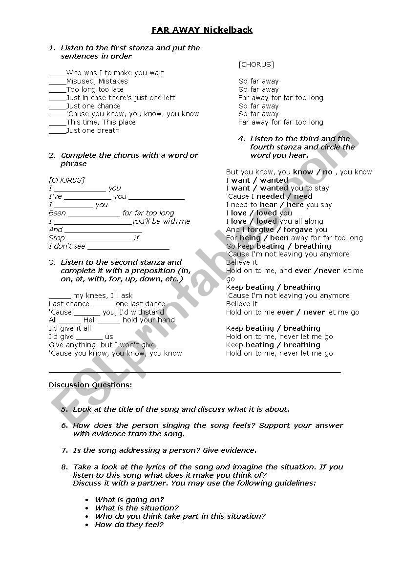 Far Away Nickelback  worksheet