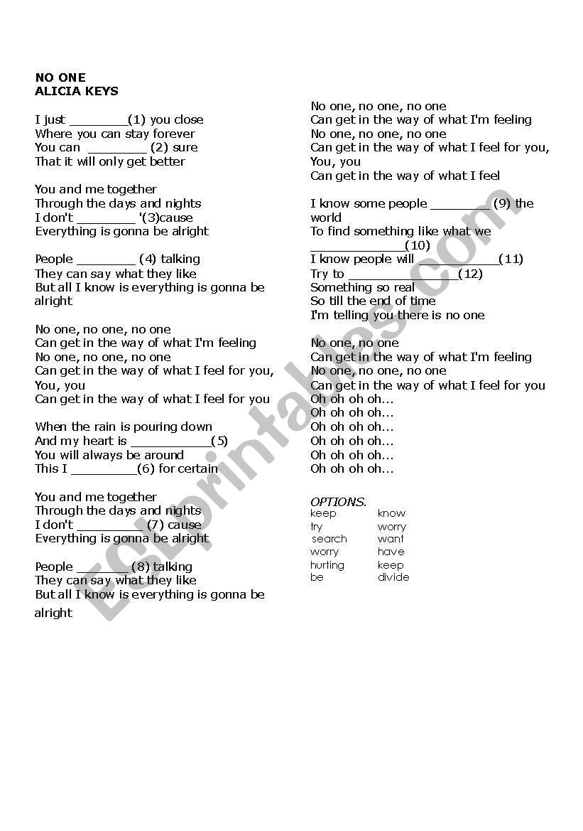 lyrics_no one_Alicia keys worksheet