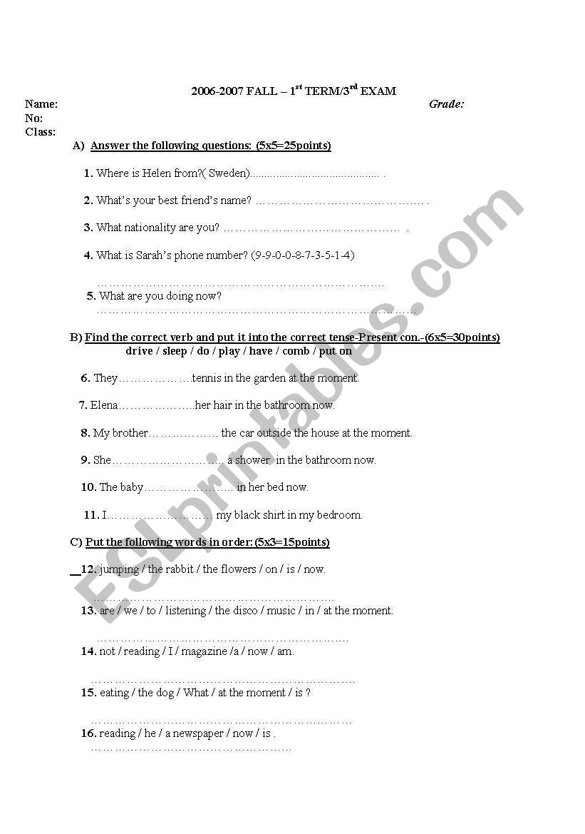 an exam paper worksheet