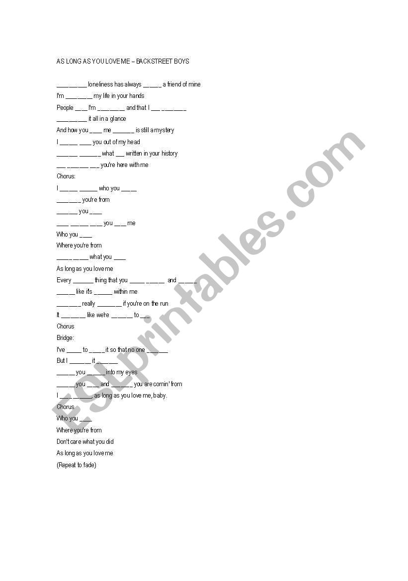 As long as you love me worksheet