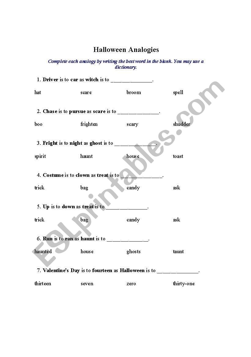 Halloween Analogies worksheet