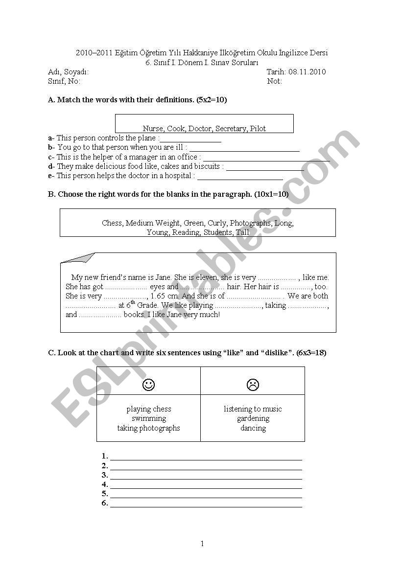 First Examination for 6th Grade Learners