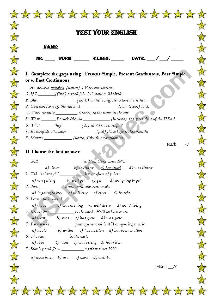 Test your English worksheet