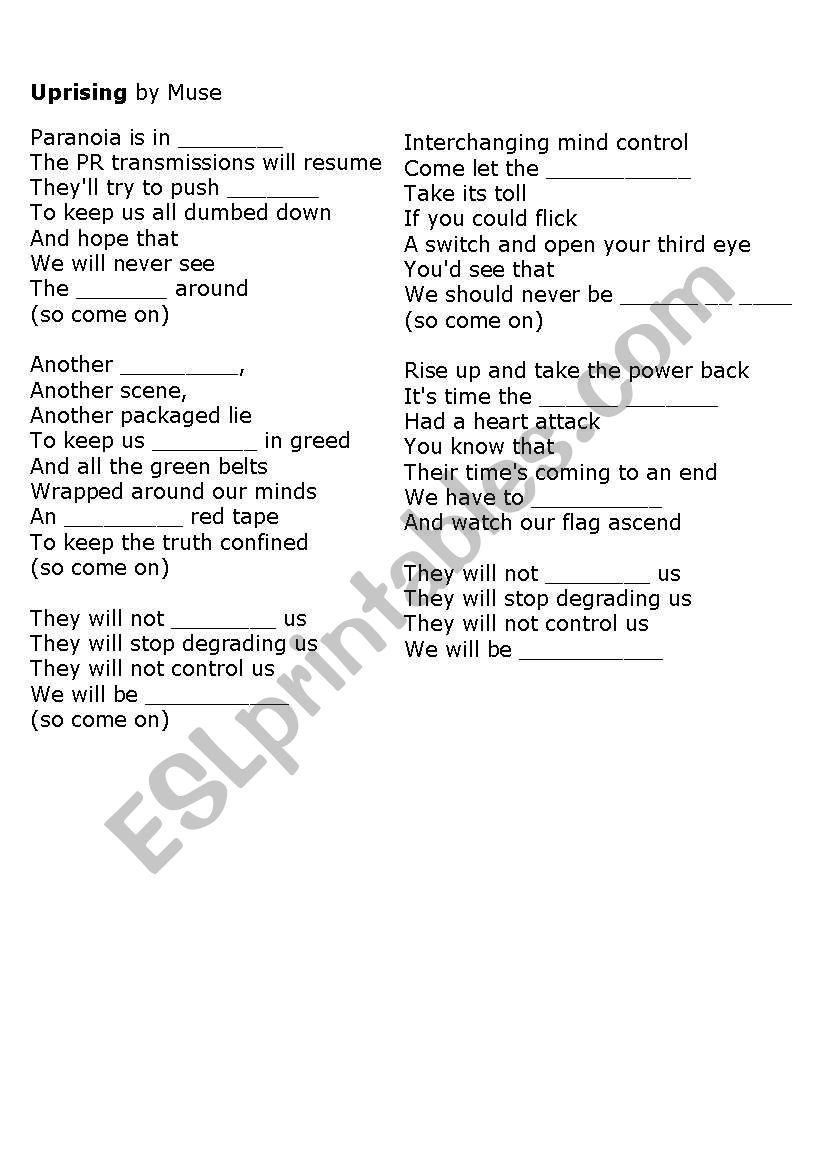 Song Worksheet for Uprising by Muse