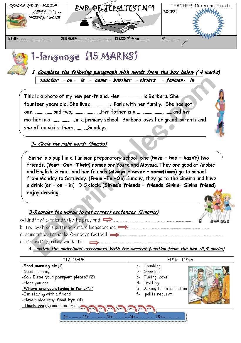 END OF TERM TEST 1 7TH FORM worksheet