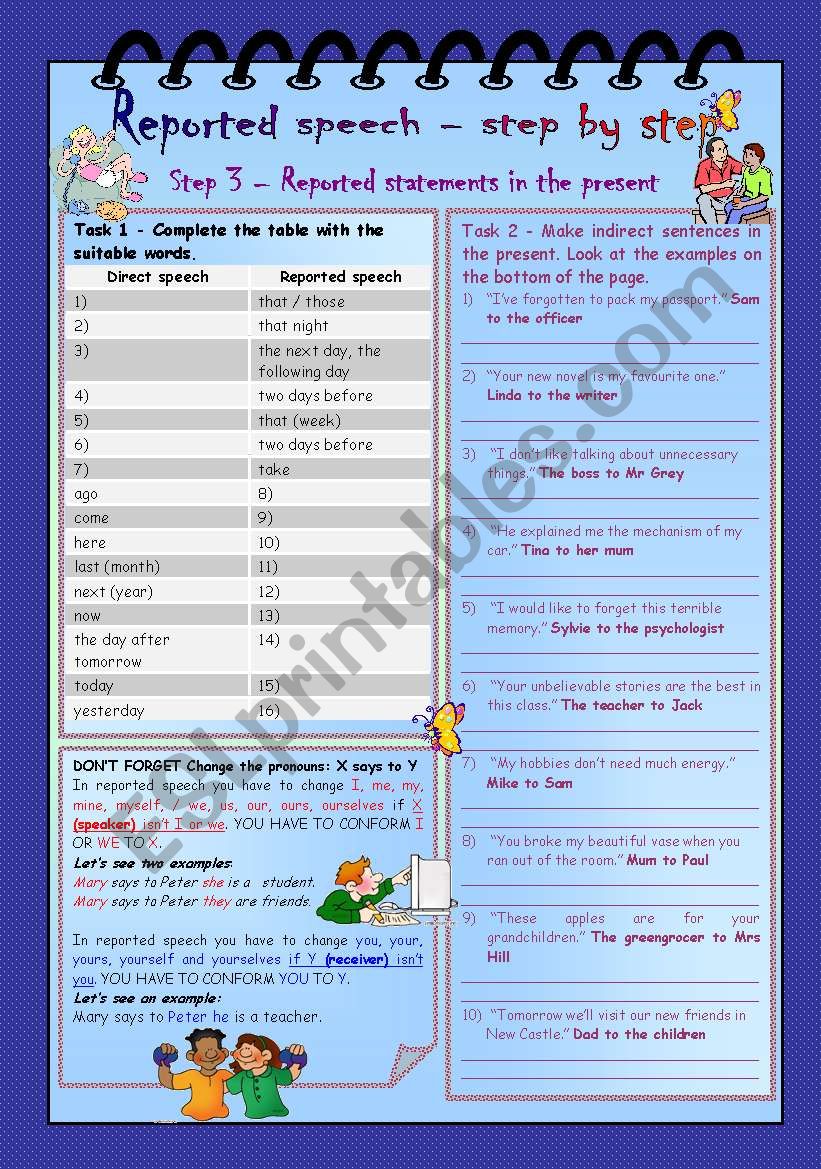 Reported speech step by step * Step 3 * Reported statements in the present * key included