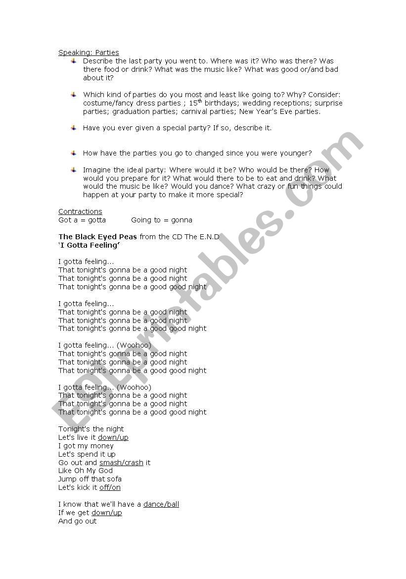English worksheets black eyes peas I´ve got a feeling