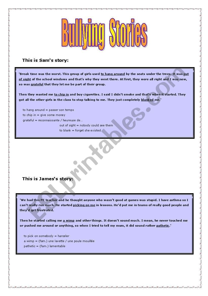 Bullying Stories worksheet