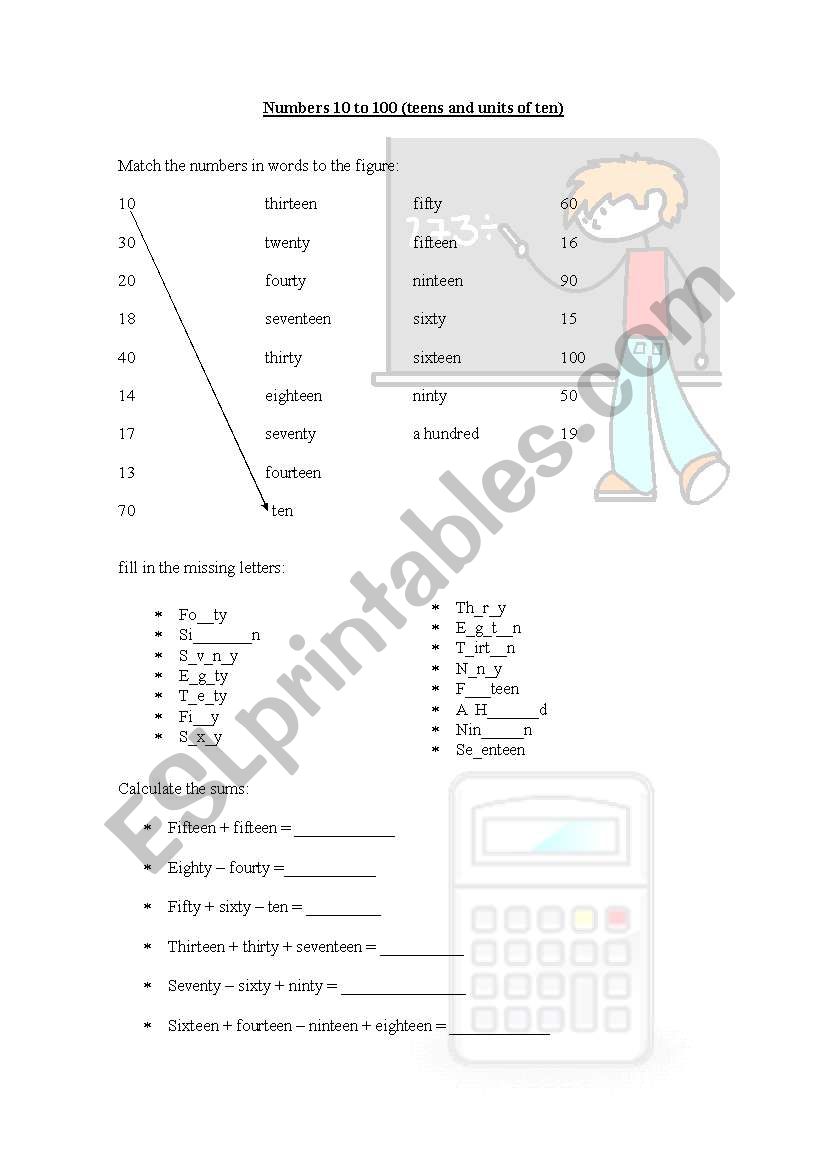 numbers 10 to 100 (teens and units of  ten)