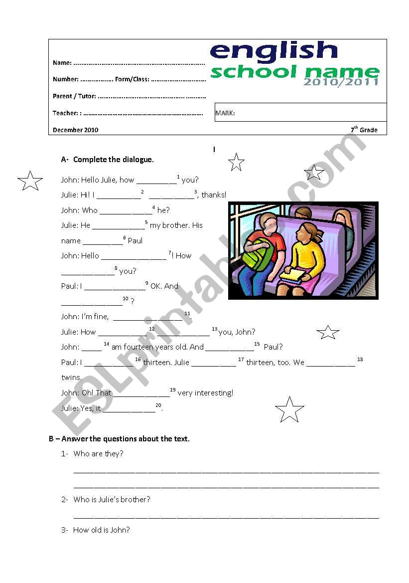 ELEMENTARY TEST / WORKSHEET worksheet