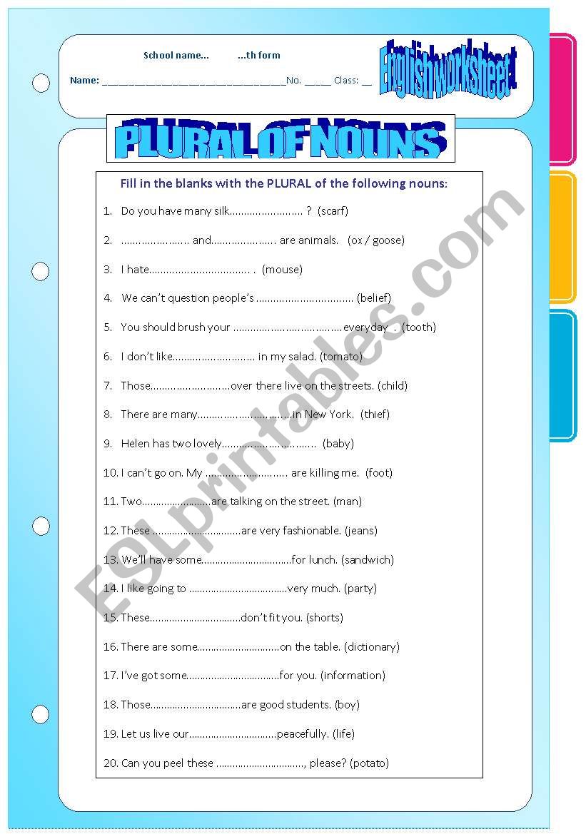 PLURAL OF NOUNS worksheet