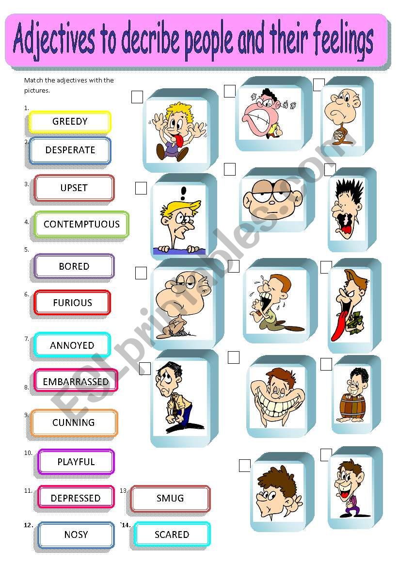 Adjectives describing people and their feelings - matching, editable