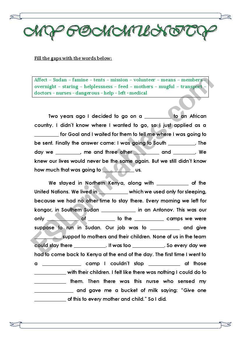 MY COMMUNITY - VOLUNTEERS worksheet