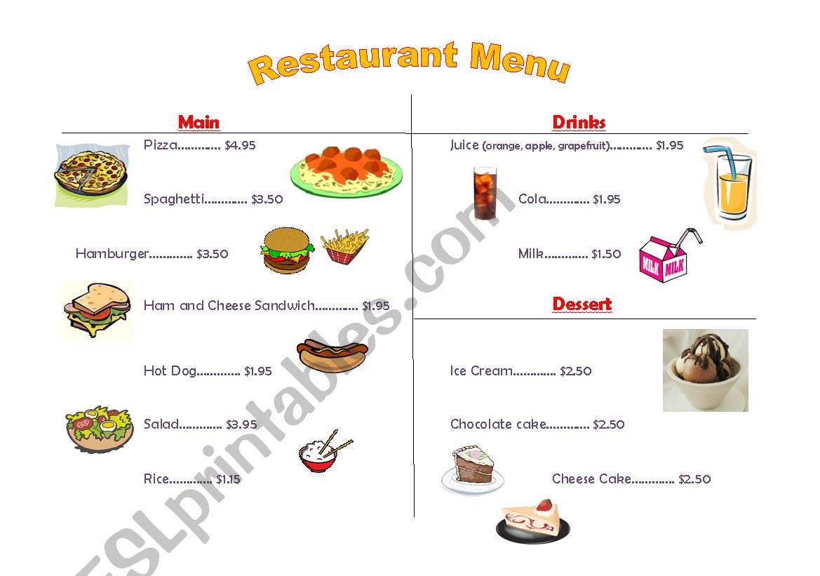 restuarant  Menu worksheet