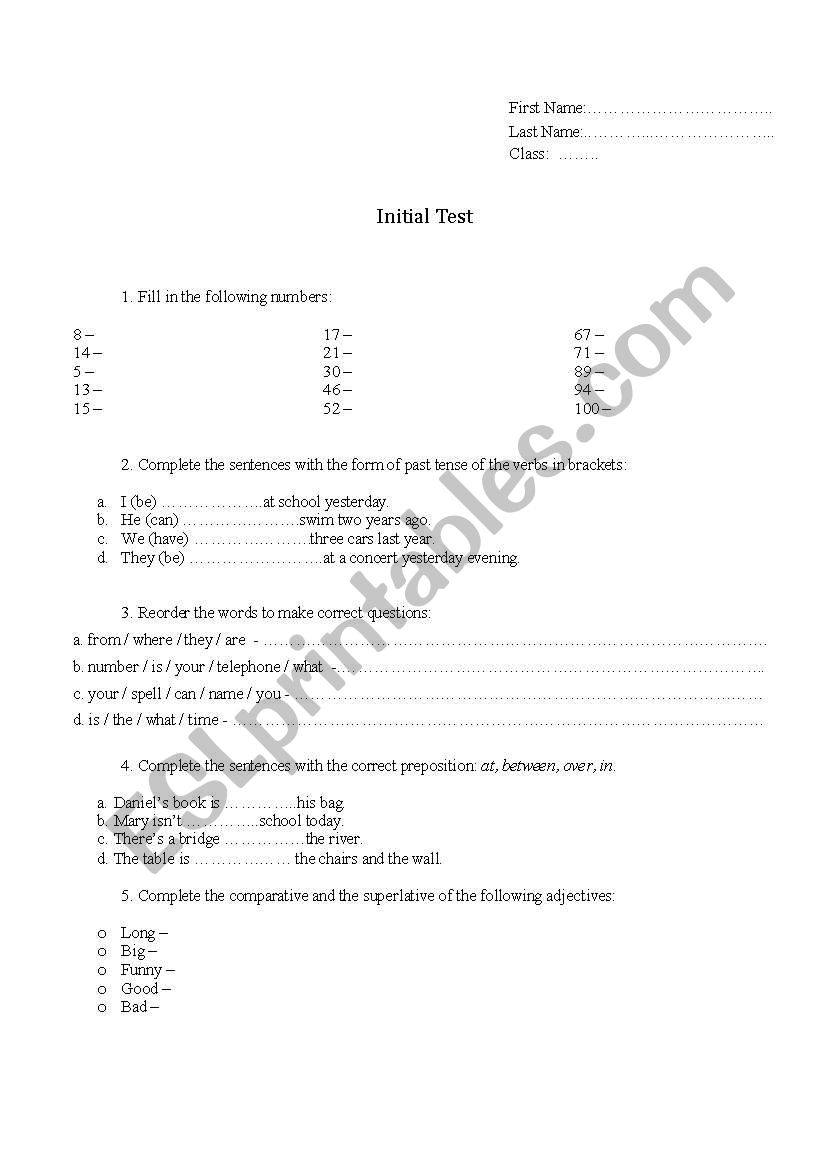 Intial Test - 6th grade worksheet