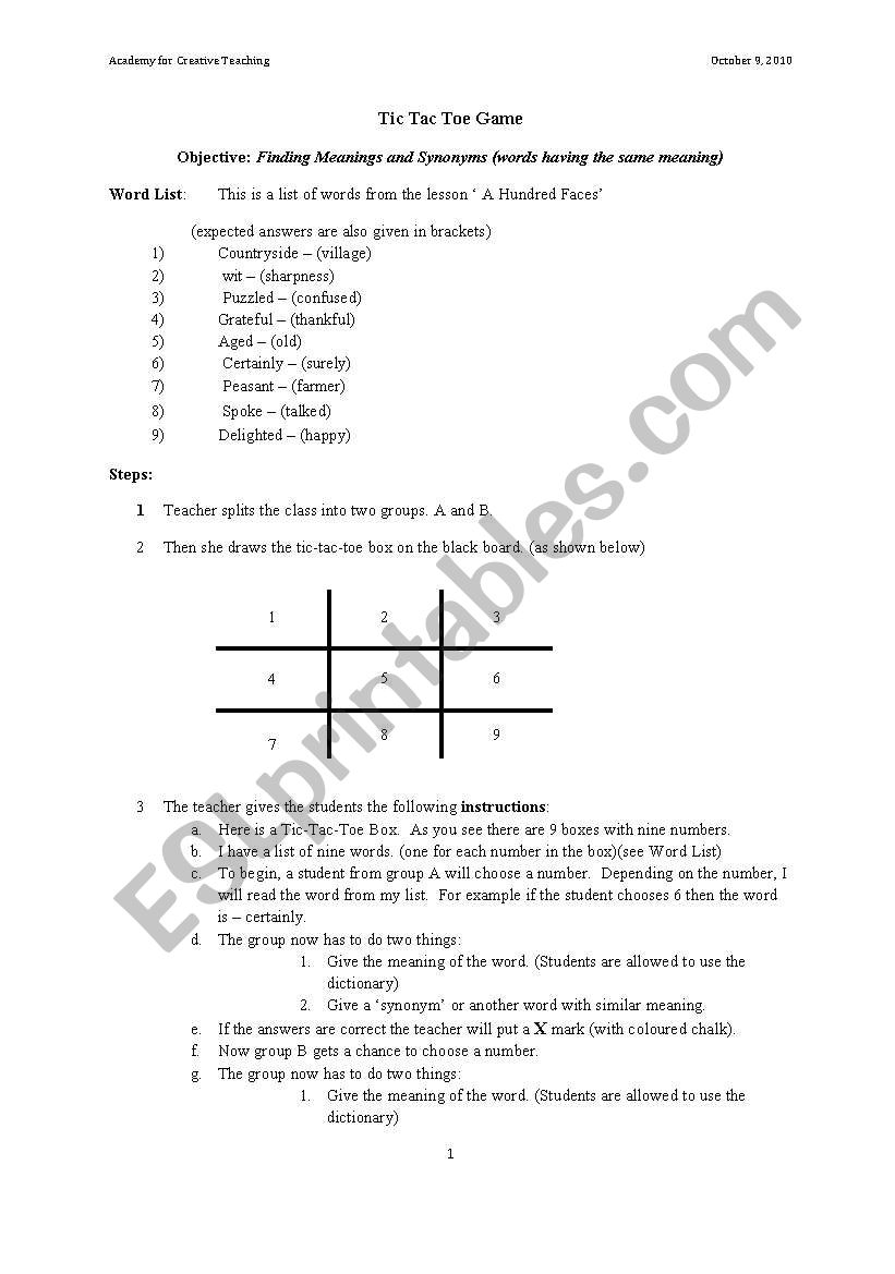 Vocabulary game (practise meanings)