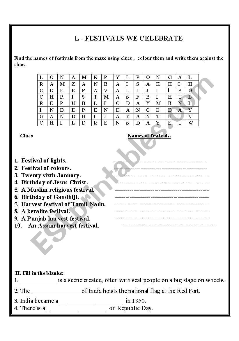 festival of india worksheet