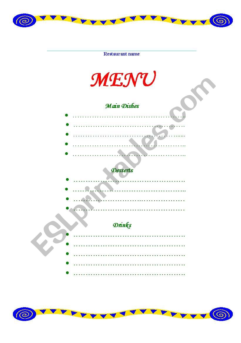 Restaurant menu worksheet
