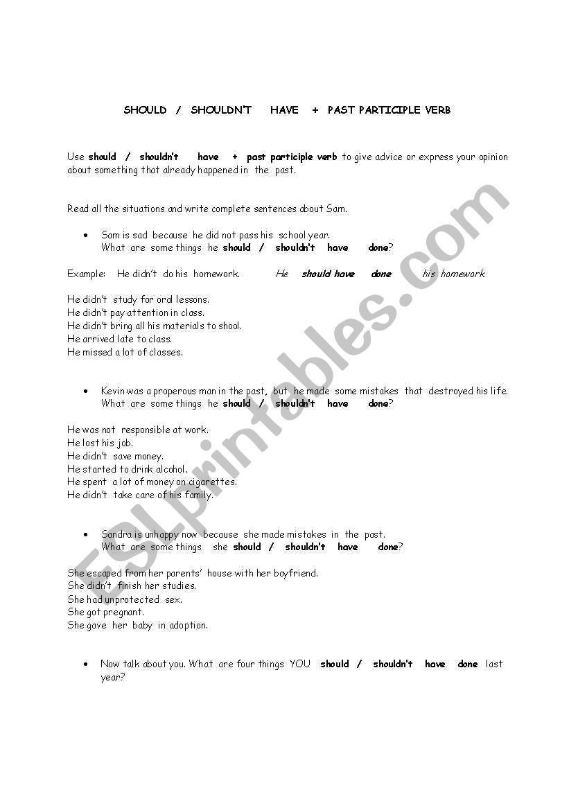 PRACTICE  WITH SHOULD / SHOULDNT +PAST PARTICIPLE