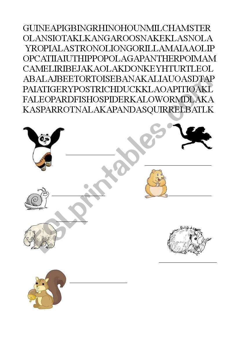 wordsearch animals worksheet