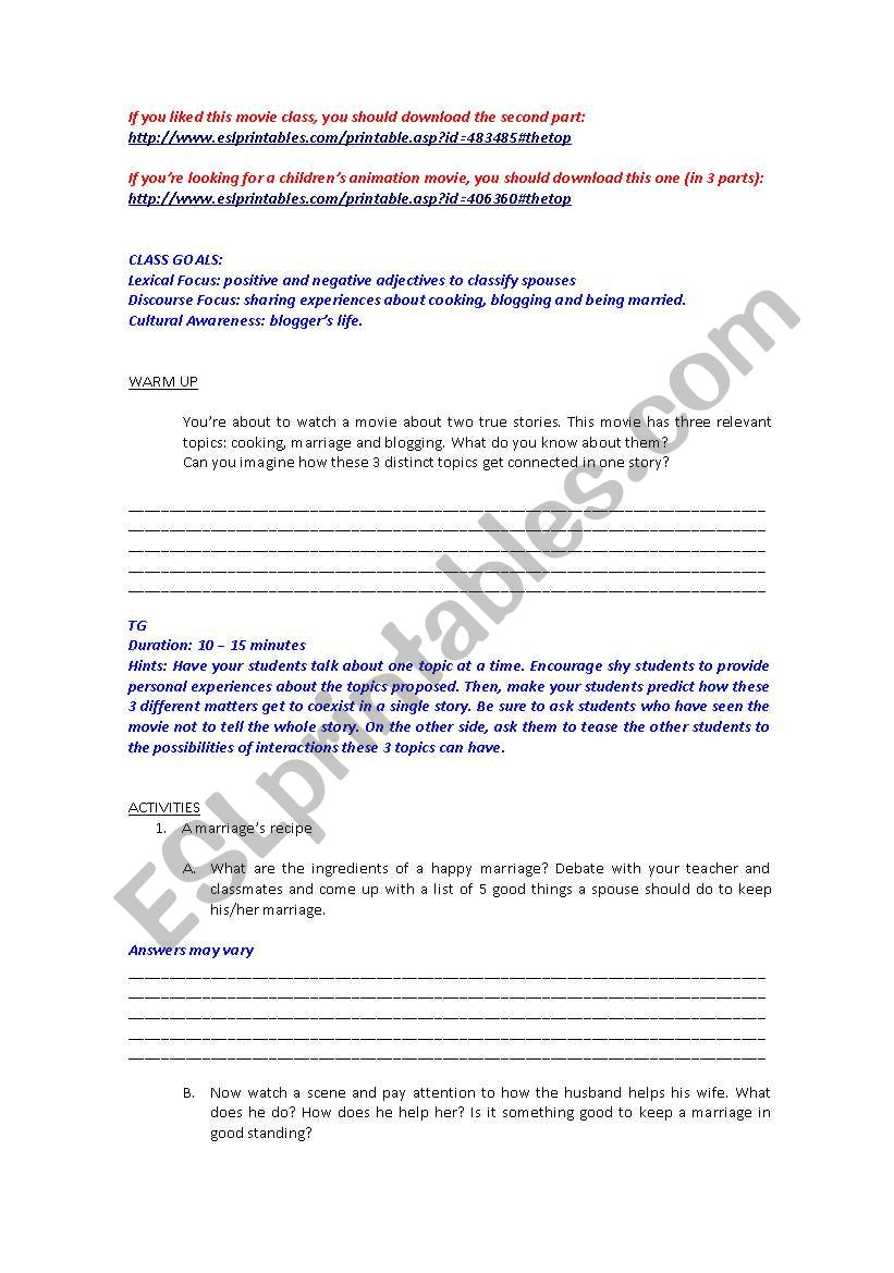 Movie Julie and Julia part 1 worksheet