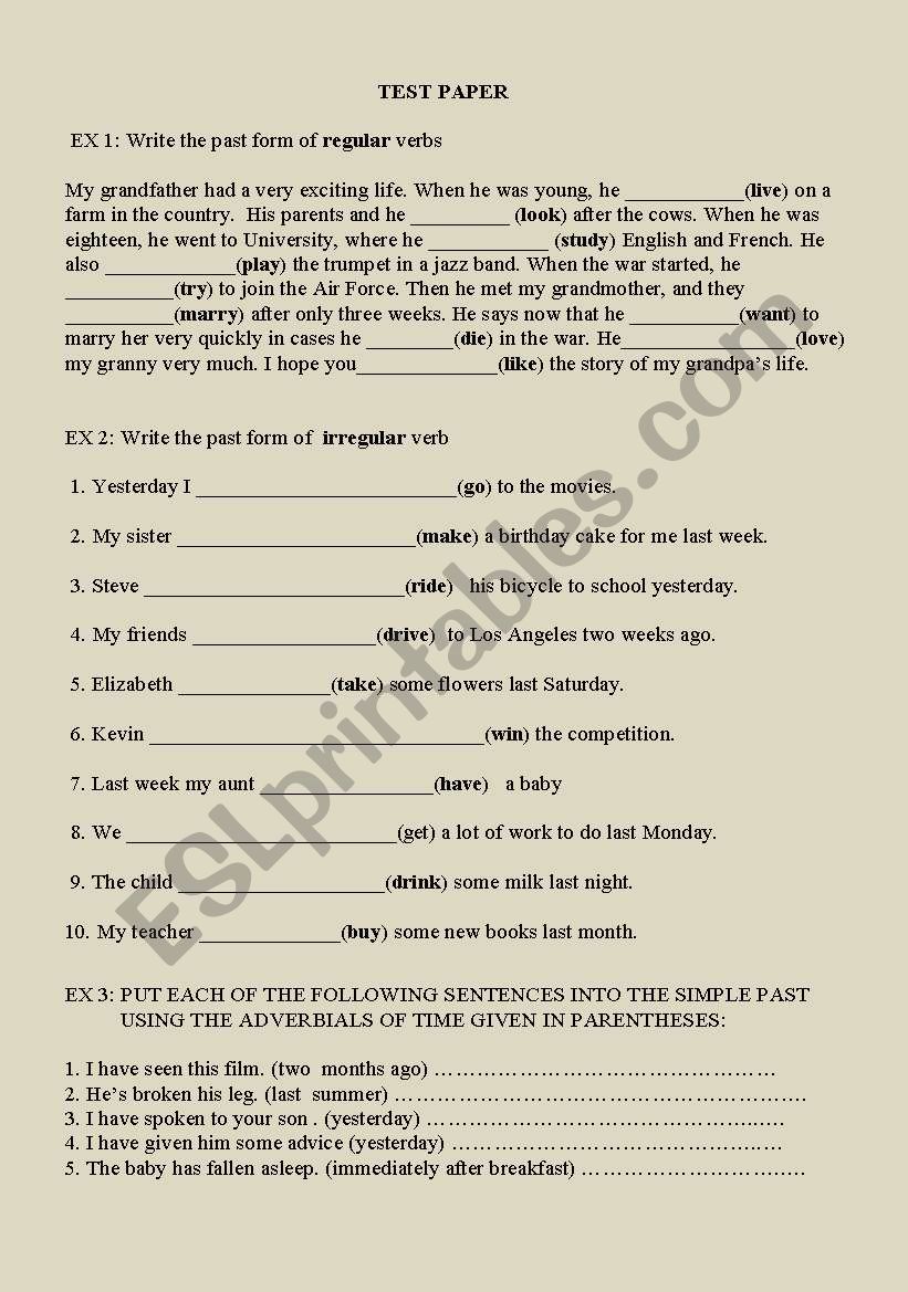 TEST PAPER - PAST SIMPLE worksheet