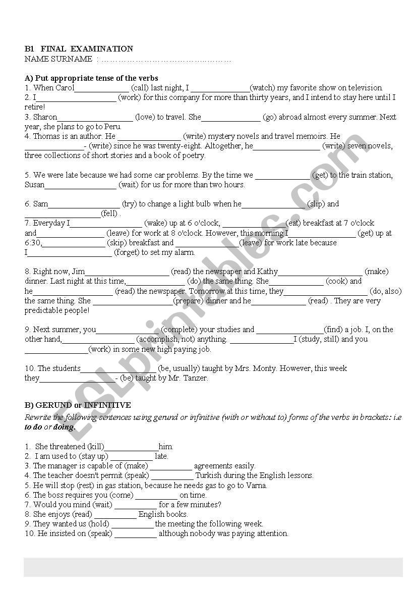 B1 Exam worksheet