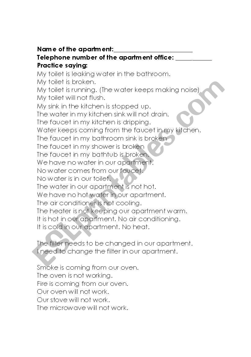 Calling Apartment Office for Repairs - ESL worksheet by carynwalker