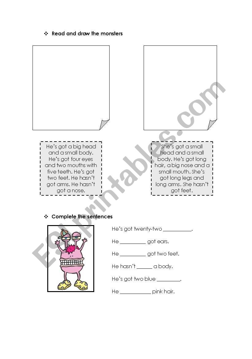 Read and draw the monsters worksheet