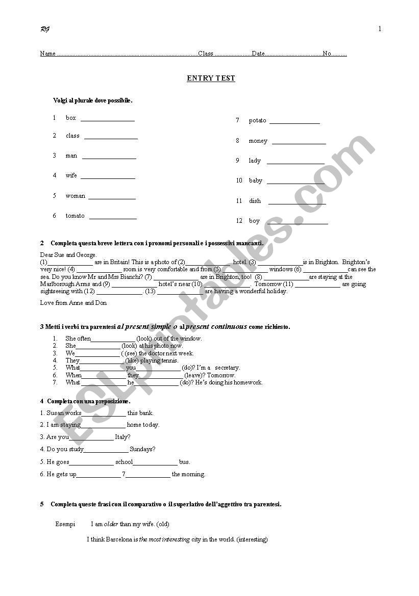 Entry test  worksheet