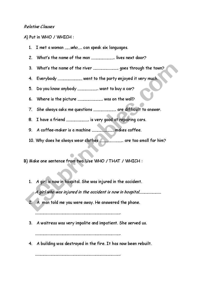 relative clause worksheet