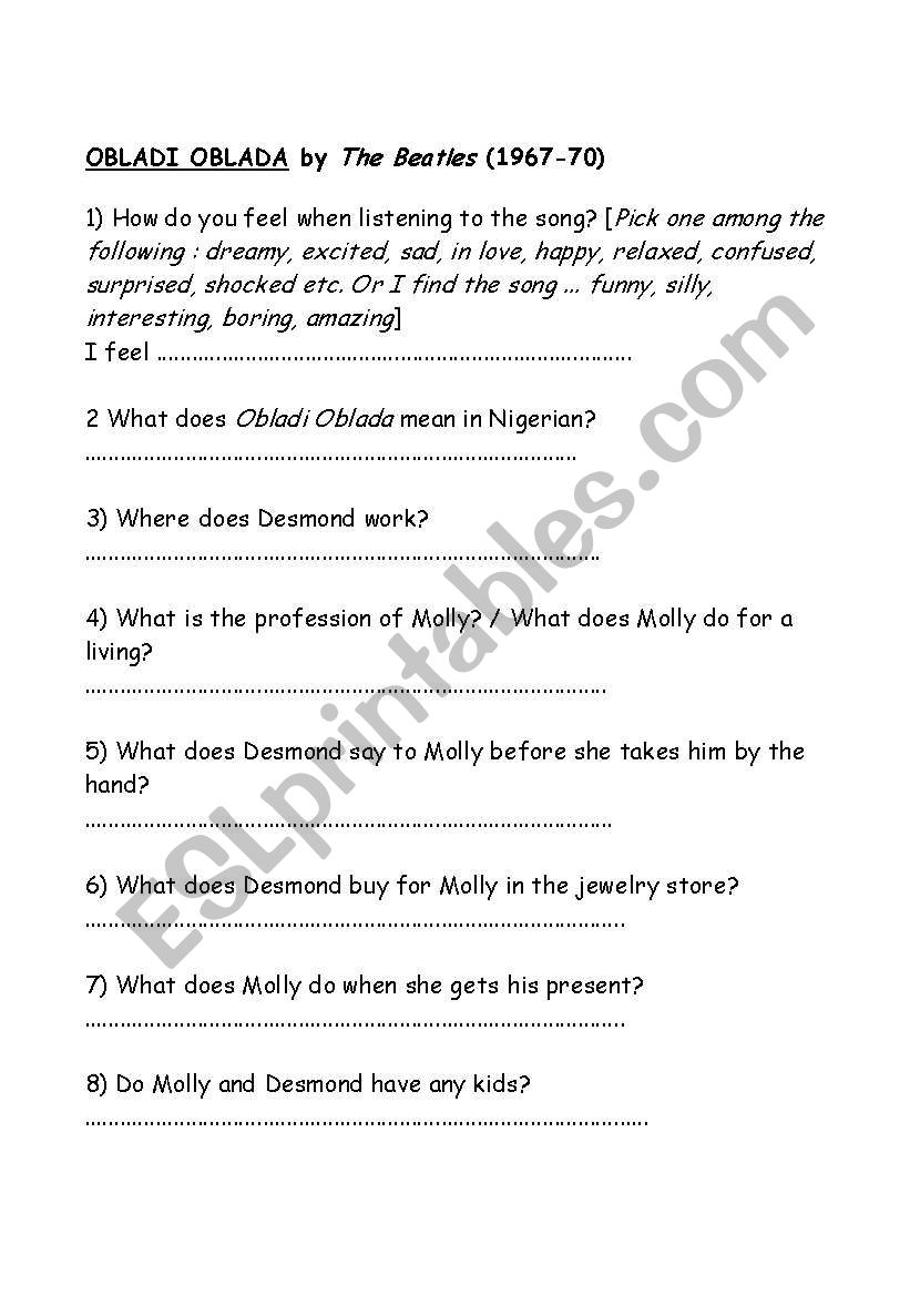 OBLADI OBLADA song by The Beatles, Reading Comprehension