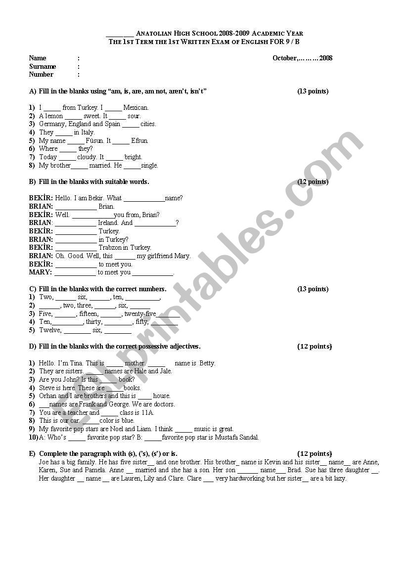 Elementary Exam worksheet