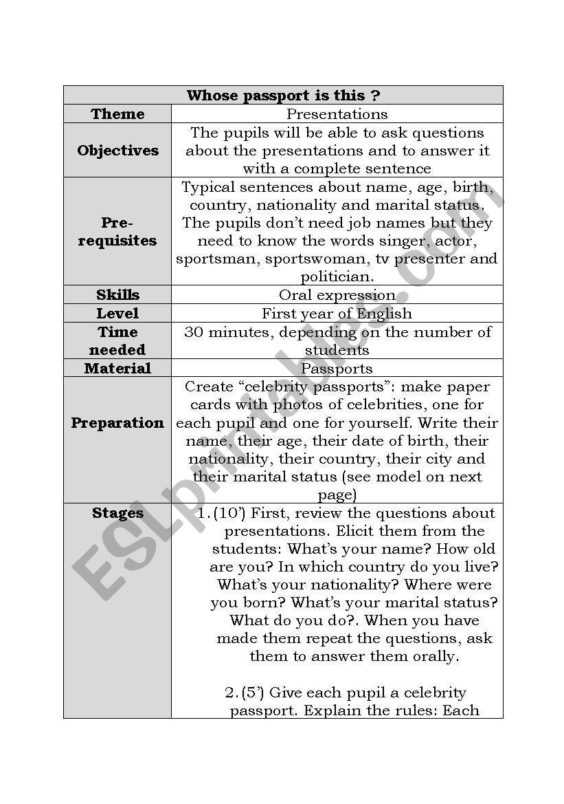 PASSPORT GAME : INTRODUCTION WORKSHEET (1/3)