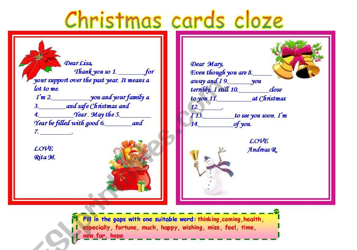 Christmas cards cloze worksheet