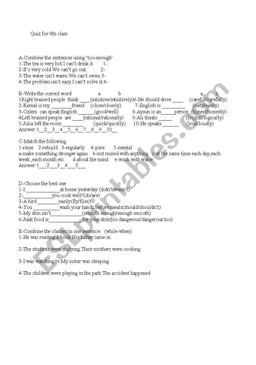 quz for 8th class worksheet