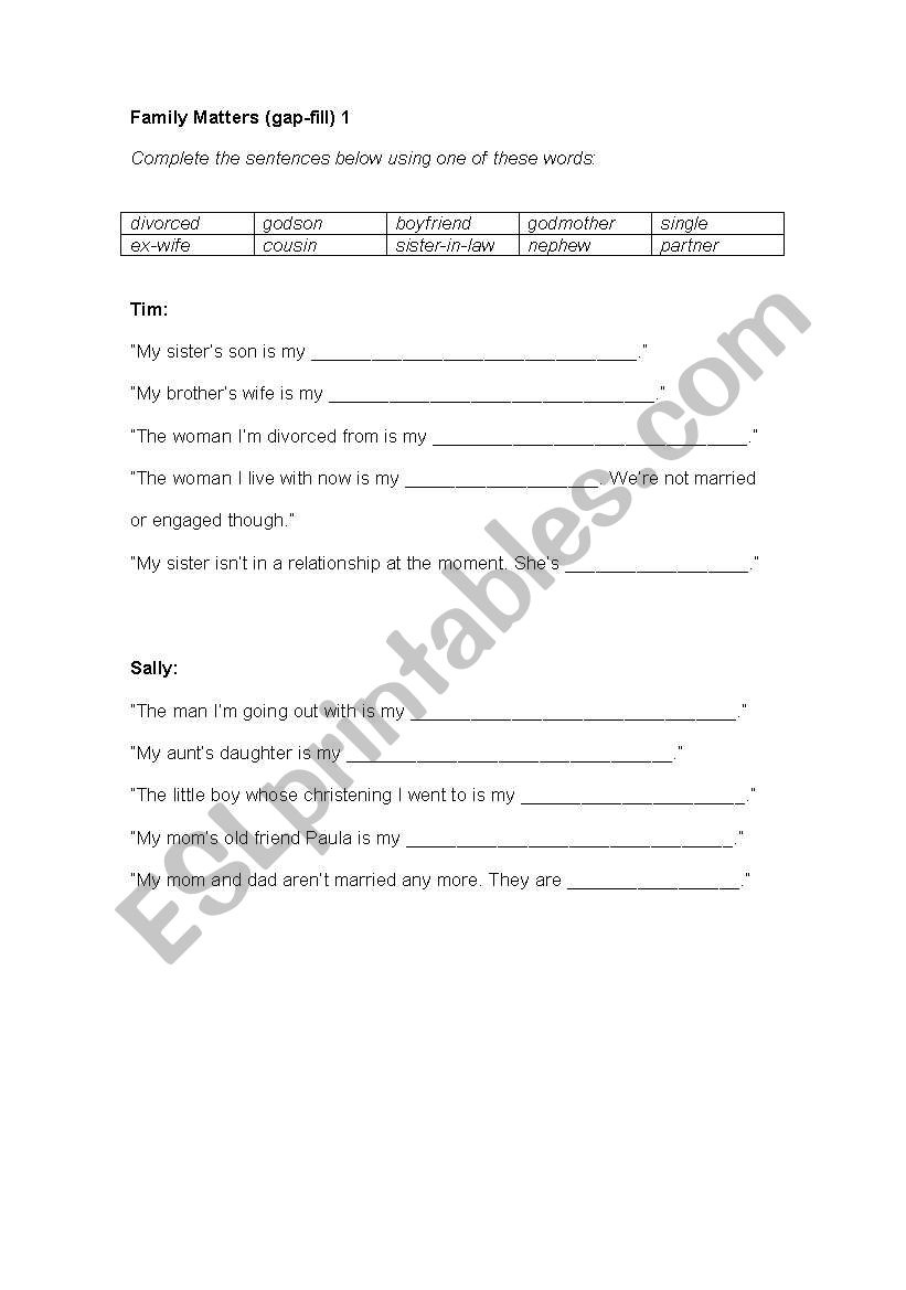 Family game worksheet