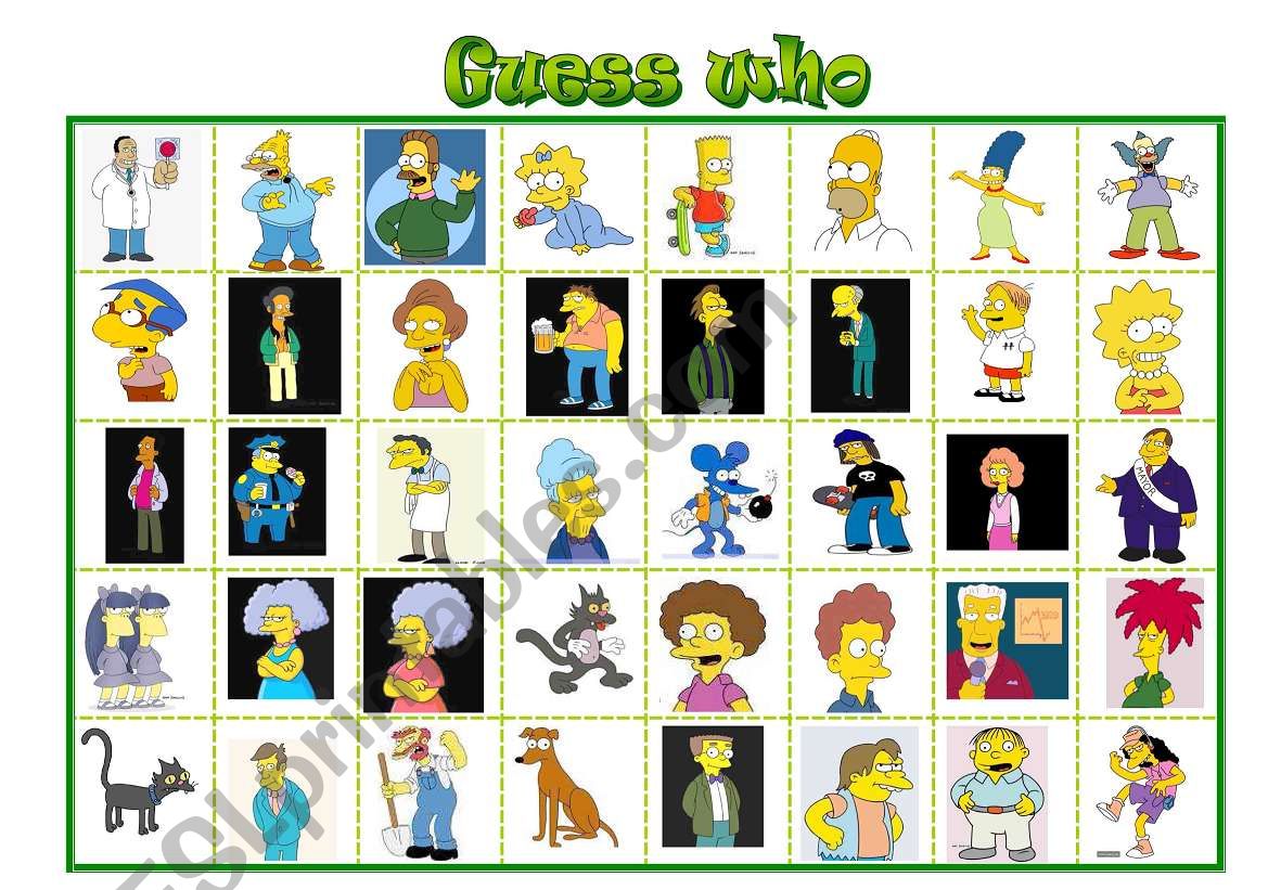 simpsons guess who board game worksheet