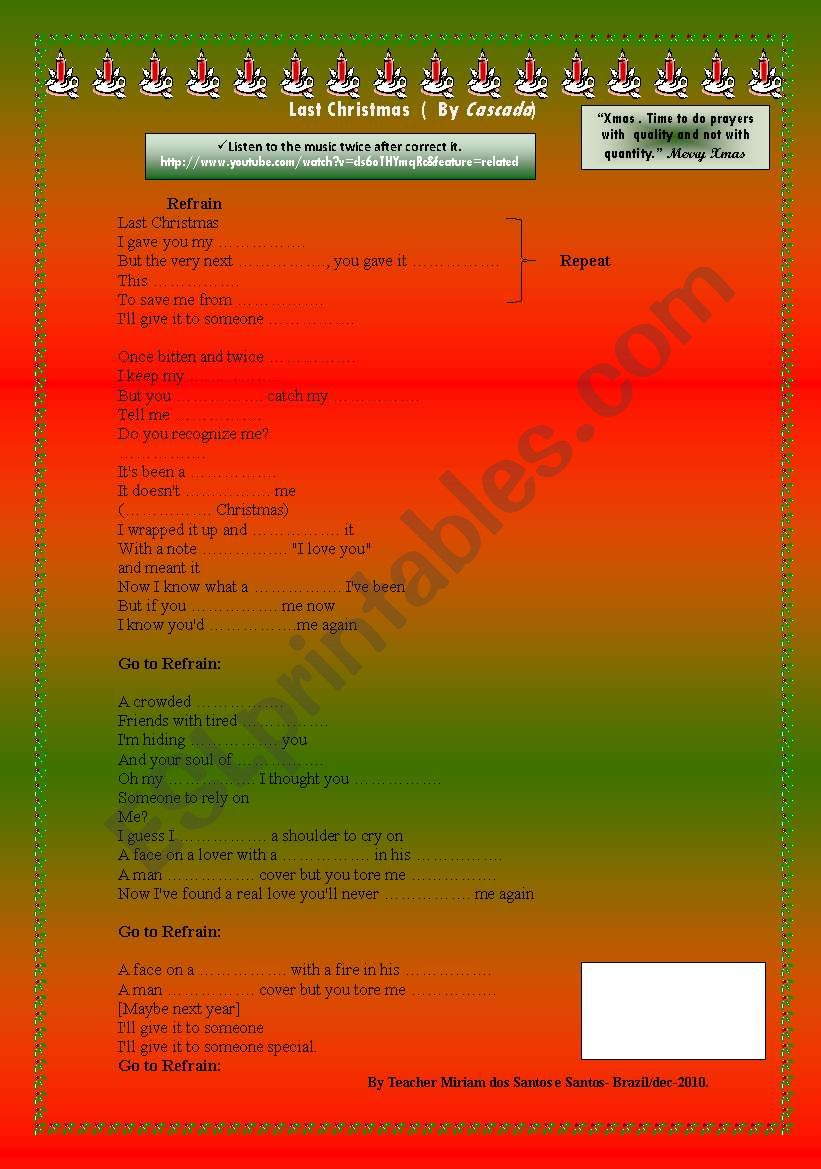 Last Christmas - by Cascada worksheet