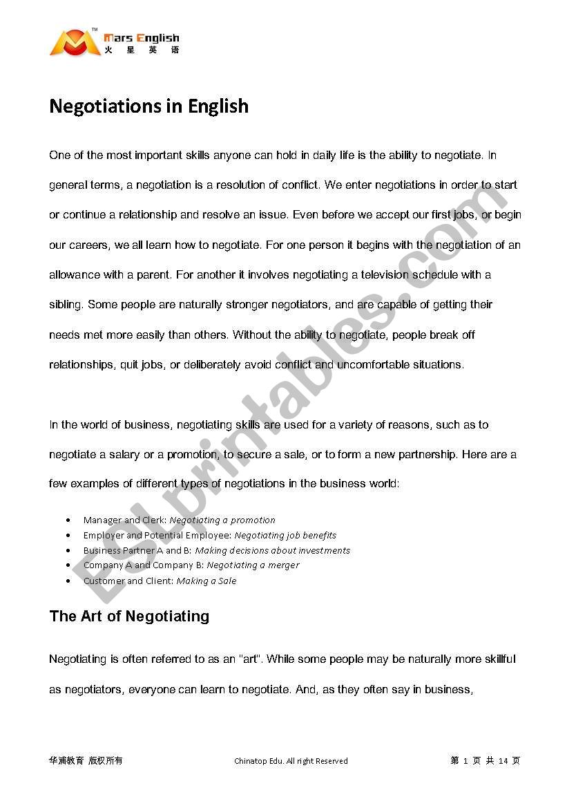 negotiation in english worksheet