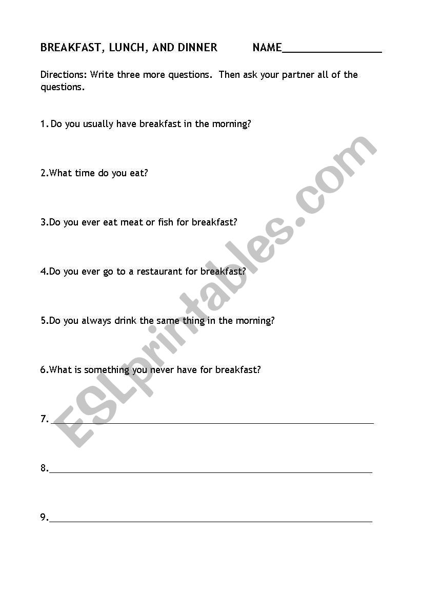 Breakfast, Lunch, and Dinner worksheet