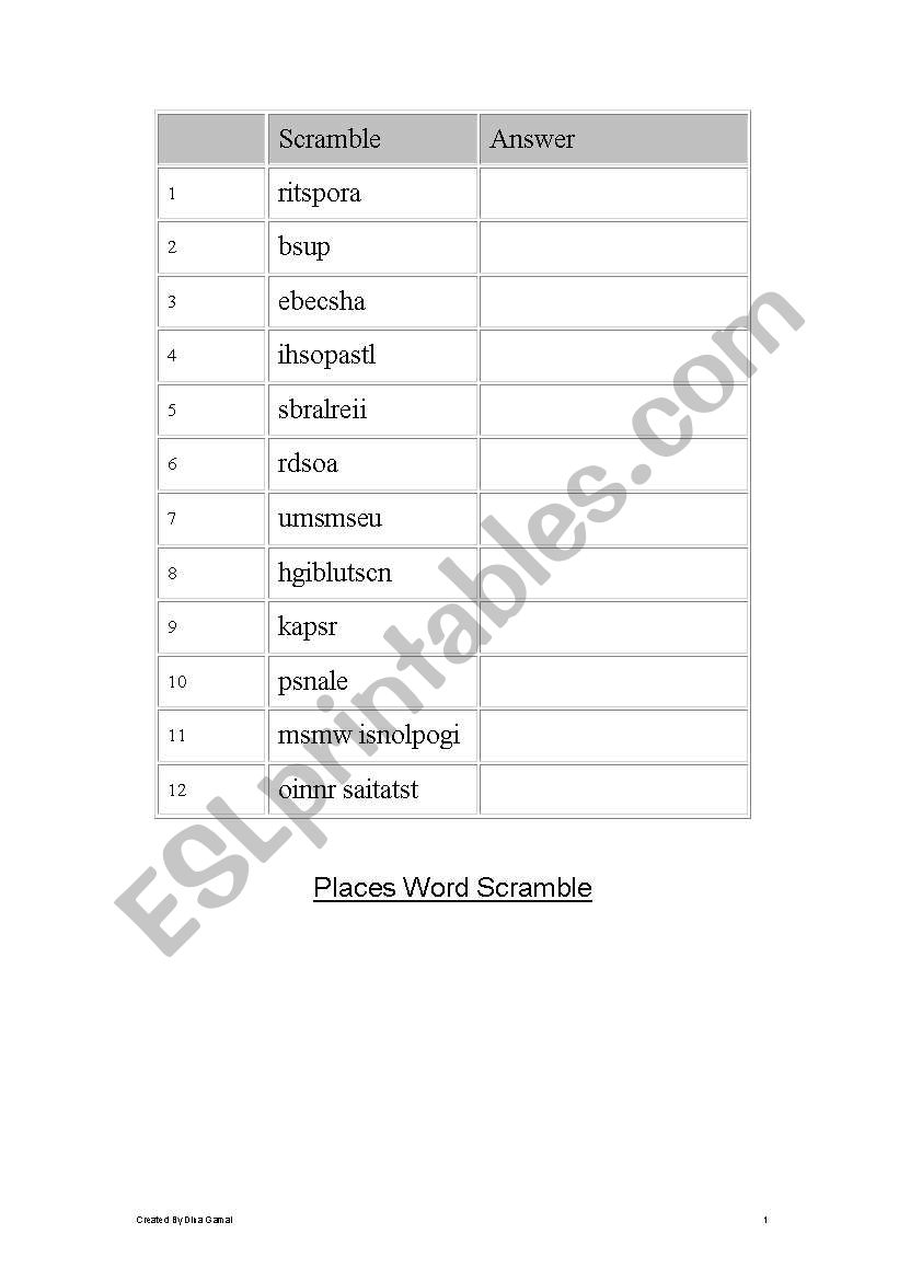 Places word scramble worksheet