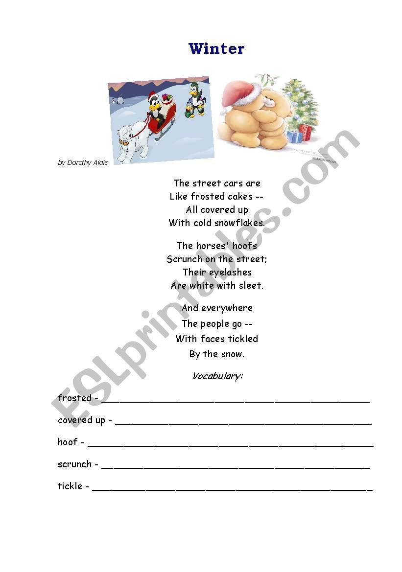 winter poem with vocabulary worksheet