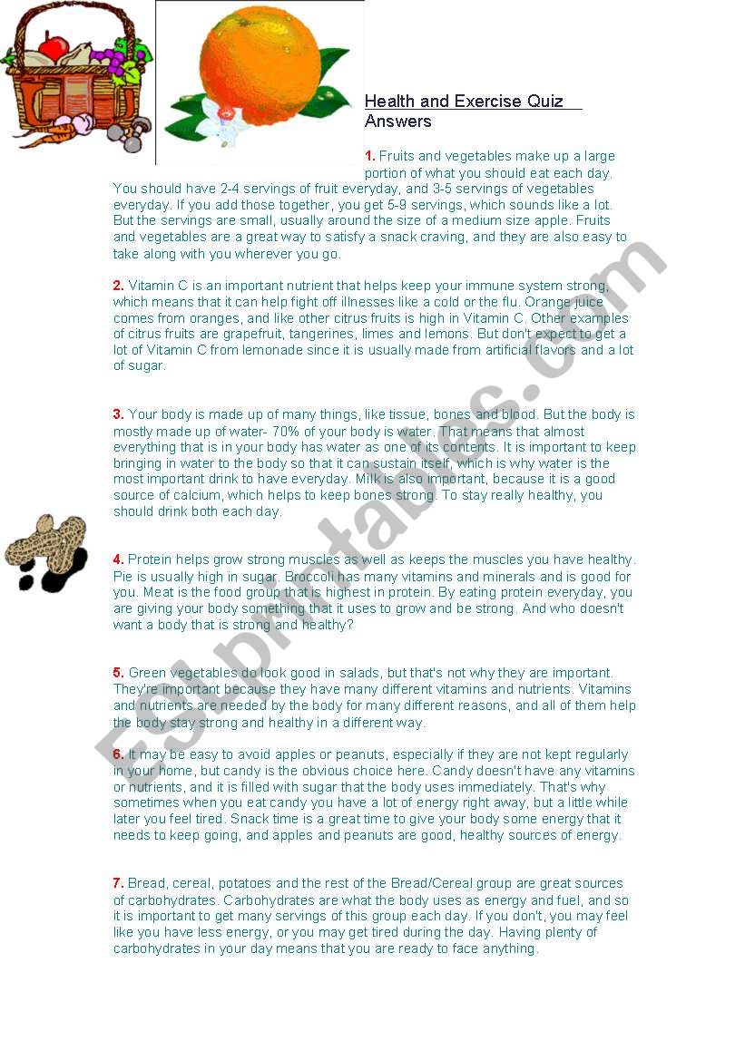 Health quiz Answers worksheet