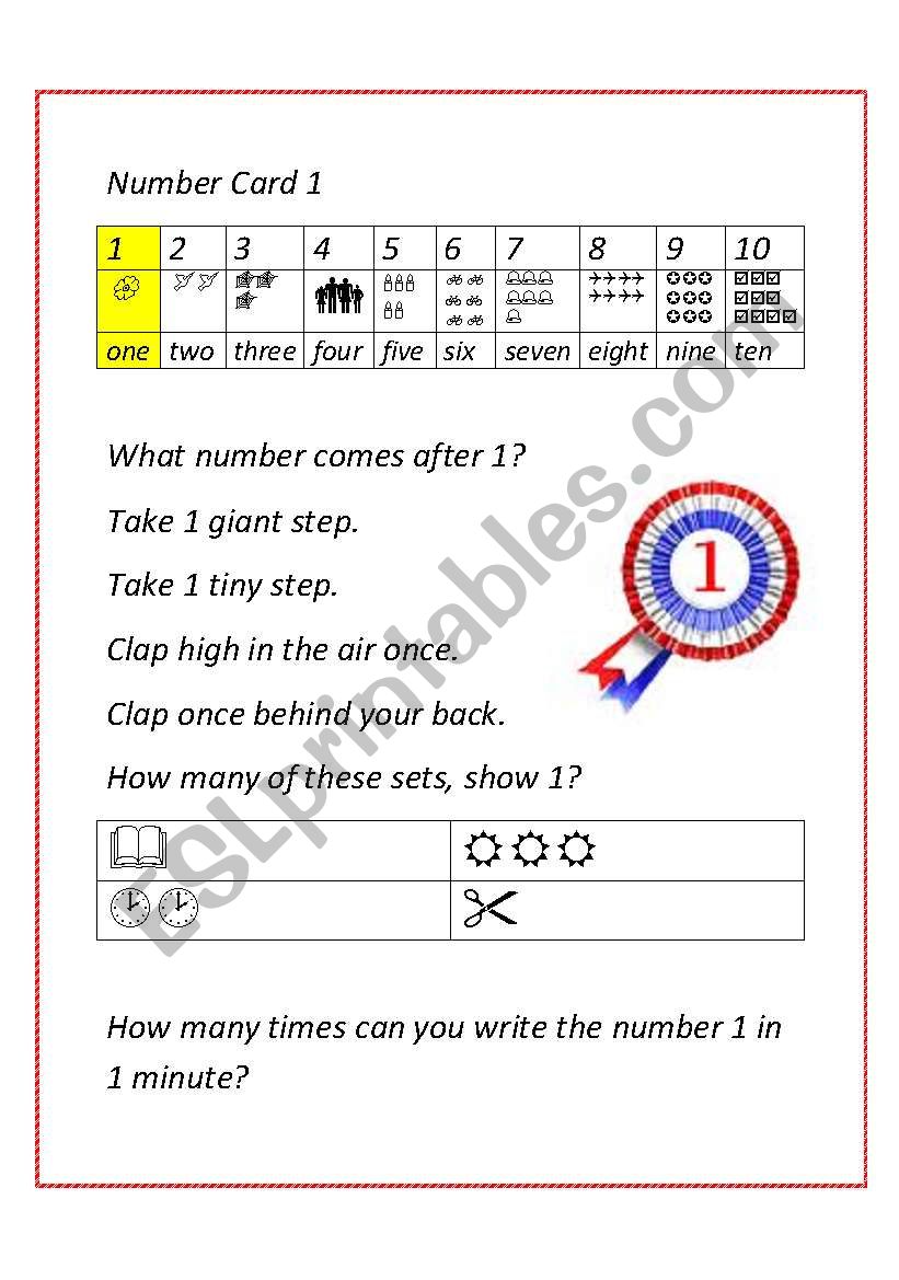 Homework card for number vocabulary