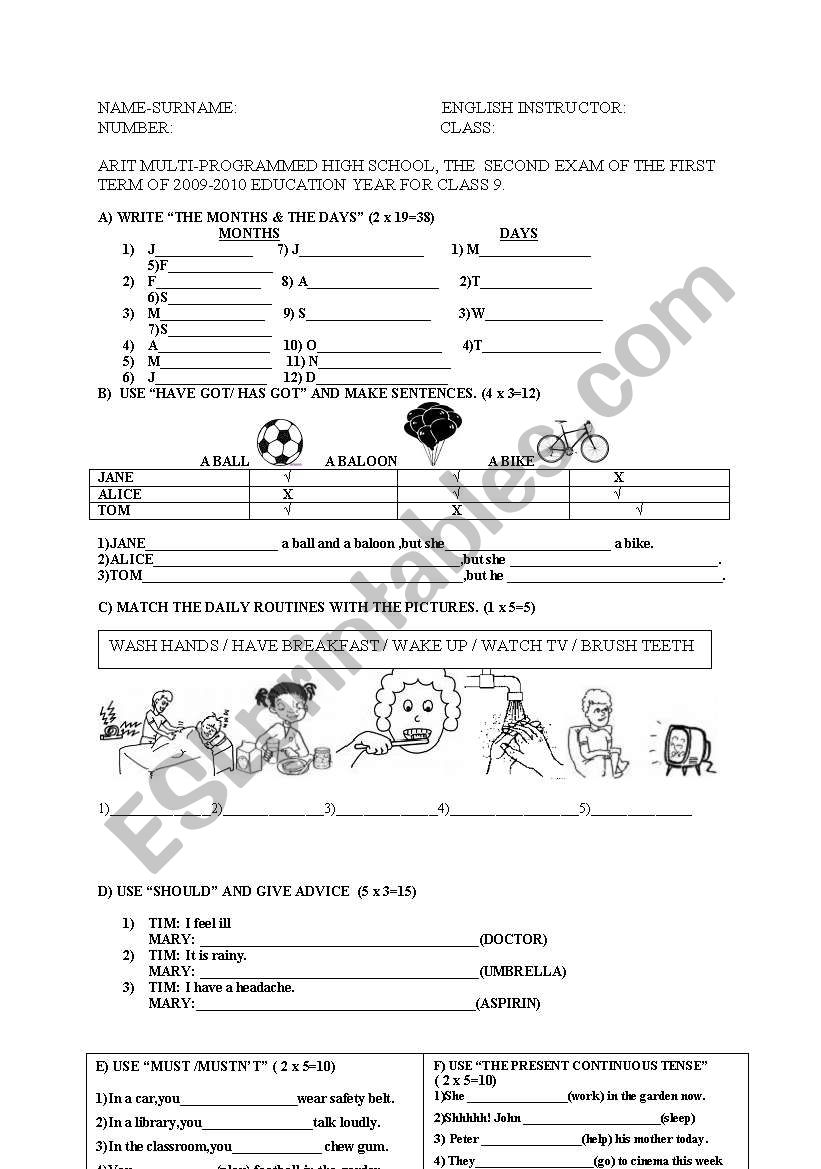 exam fo class9 worksheet