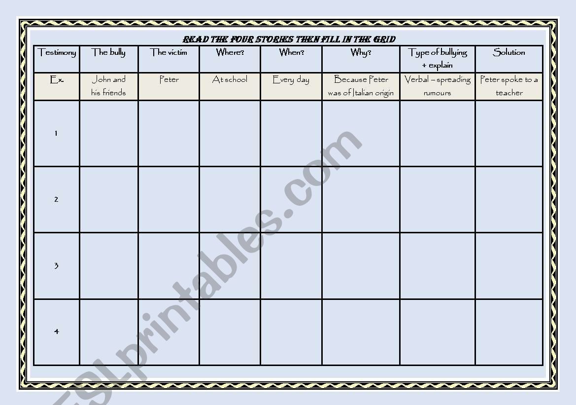 Bullying - reading comprehension grid