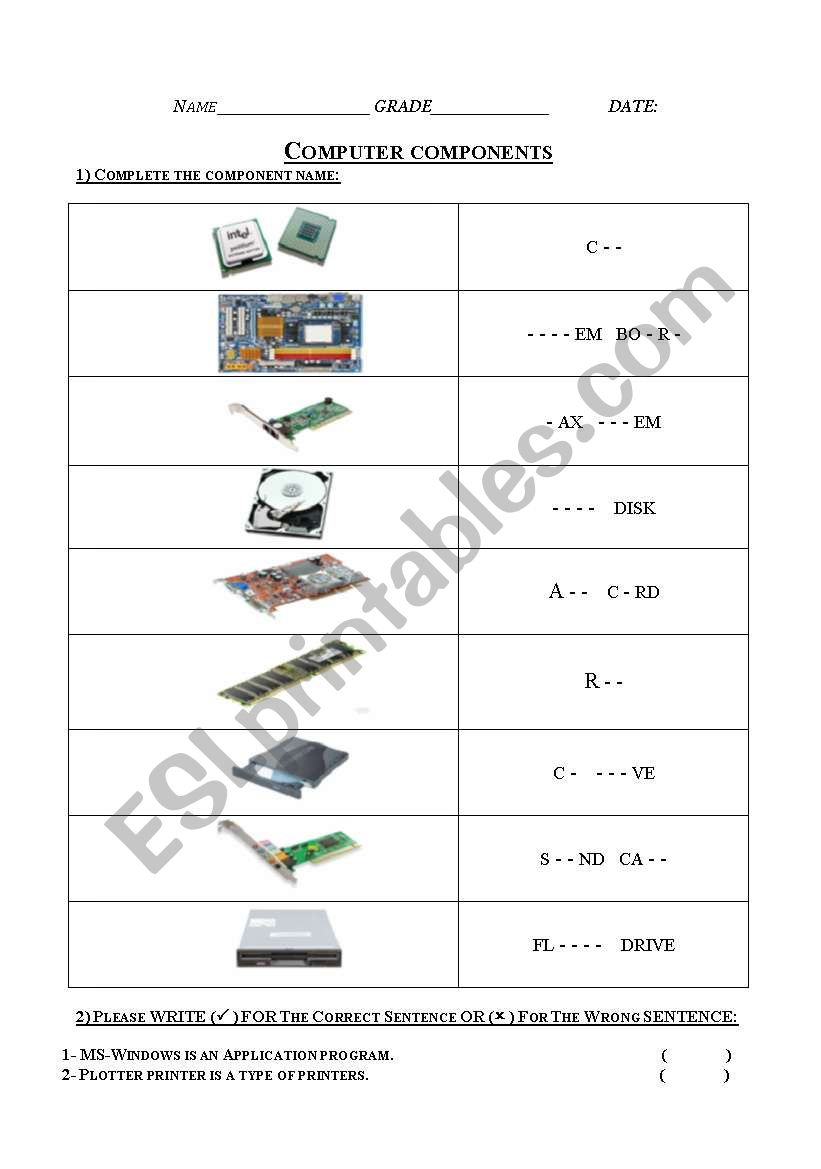 Computer components worksheet