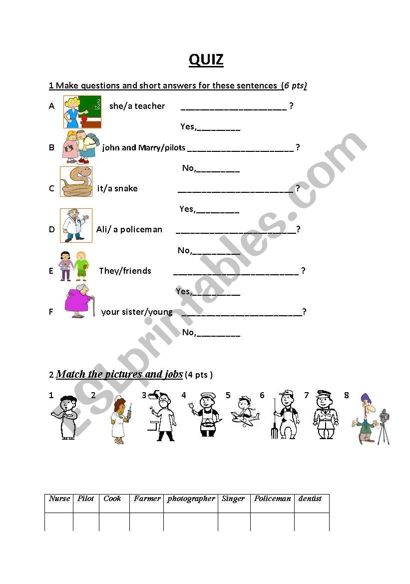 quiz verb to be and jobs worksheet